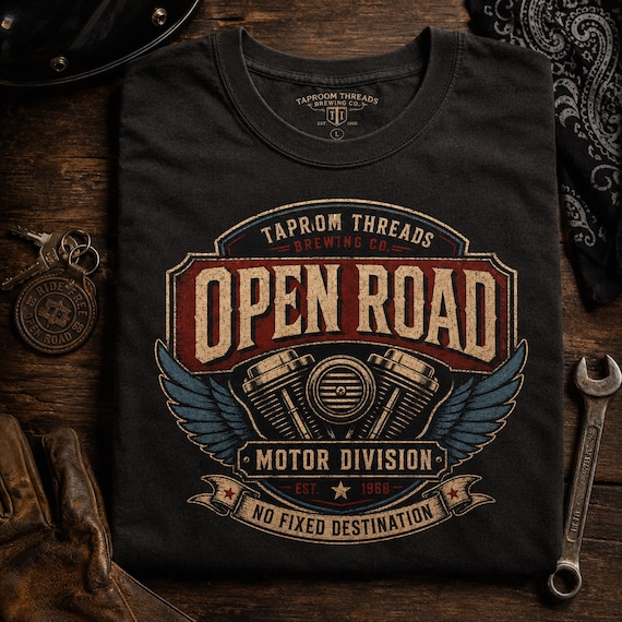 Motorcycle T Shirt Open Road Biker Graphic Tee Vintage Beer Label