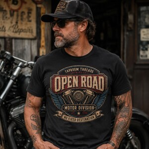 Motorcycle T Shirt Open Road Biker Graphic Tee Vintage Beer Label image 2