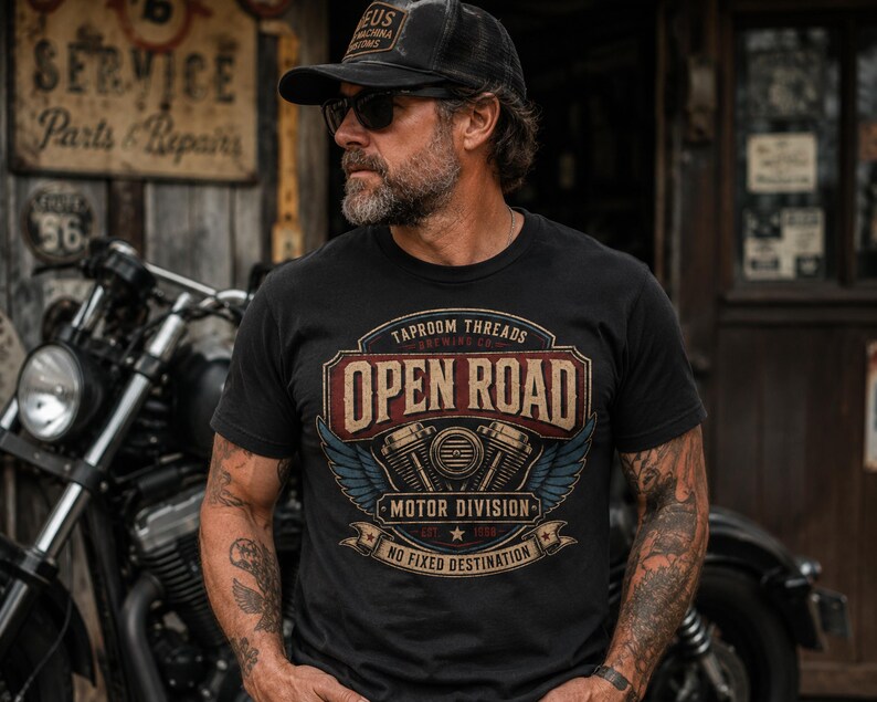 Motorcycle T Shirt Open Road Biker Graphic Tee Vintage Beer Label image 2