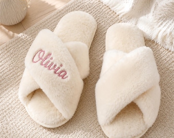 Personalized Bride Slippers, Custom Fluffy Wedding Slippers, Faux Fur Bridal Shoes, Bride to Be Gift