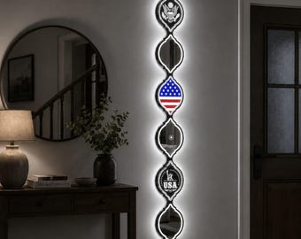 Decoración de pared LED personalizada con la bandera estadounidense / Espejo iluminado con la imagen de la herencia estadounidense / Regalo para celebrar el orgullo nacional (Colección LUMINA DROPS™ Heritage)