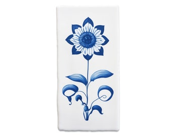 Delft Blue ceramic tile, naive but beautiful flower, handmade home decor