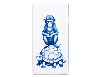 Delft Blue ceramic tile, Delft Blue wall art, monkey on turtle
