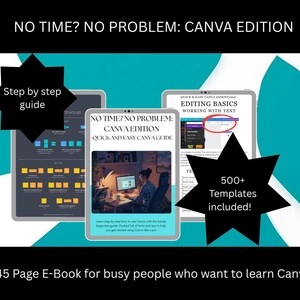 Może przedstawiać: Trzy tablety wyświetlają e-book zatytułowany "No Time? No Problem: Canva Edition". Okładka przedstawia osobę pracującą na komputerze. Tekst zawiera "Step by step guide" i "500+ Templates included!"