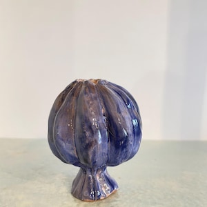 Peut inclure: Petit vase artisanal en céramique de forme unique. Le vase est bleu foncé avec une surface texturée et nervurée et une base évasée. L'ouverture supérieure est de couleur marron contrastante. Cette pièce décorative est idéale pour exposer de petites fleurs.