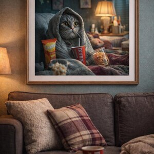 Peut inclure: Image encadrée d'un chat enveloppé dans une couverture, dégustant du pop-corn et une boisson. Le chat est dans un cadre douillet avec une lampe et des collations. Un canapé avec des coussins et un bol de pop-corn au premier plan.
