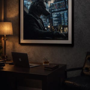 Peut inclure: Une œuvre encadrée représente une figure à tête de loup en costume, devant des écrans d'ordinateur affichant des données financières. Un bureau avec un ordinateur portable, un verre de liquide ambré et un livre sont au premier plan. Une lampe et une chaise en cuir sont également visibles.