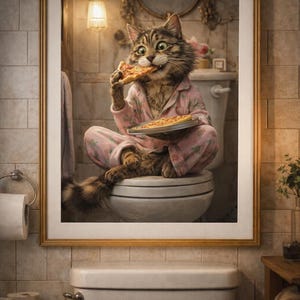 Funny Cat Eating Pizza on Toilet Wall Art, Realistic Animal Bathroom Poster, Cute Cat Pajamas Humor Print, Digital Download