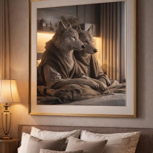 Peut inclure: Une œuvre encadrée représente deux loups anthropomorphes en robes marron, assis sur un lit. L'œuvre est dans un cadre doré, et la scène se déroule dans une chambre avec une lampe et des oreillers.