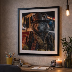 Peut inclure: Impression encadrée représentant un loup en uniforme de pompier. Le loup porte un casque et une veste beige avec une radio. Un camion de pompiers est visible en arrière-plan. L'impression est dans un cadre noir.