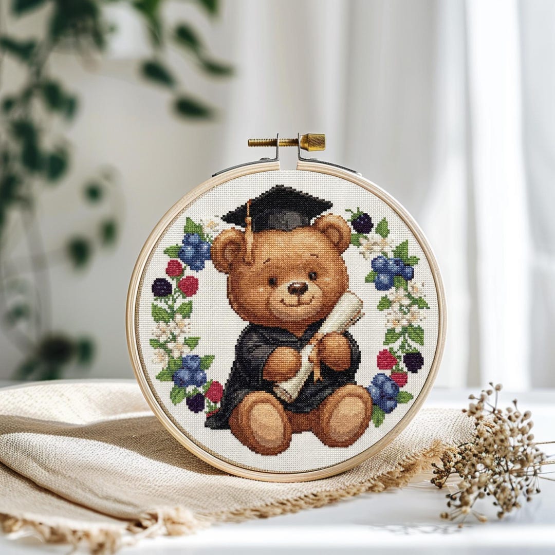 Graduation Bear Cross Stitch Pattern Cute Teddy Bear Grad Gift Floral ...