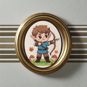 Fantasy Elf Archer Cross Stitch Pattern, Woodland Chibi Embroidery Design (PDF Download)