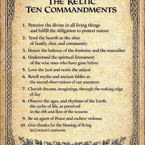 May include: A framed print featuring the text "The Keltic Ten Commandments" in a decorative font. The print has a parchment-like background with Celtic knot borders and illustrations. The commandments are listed in a readable font.