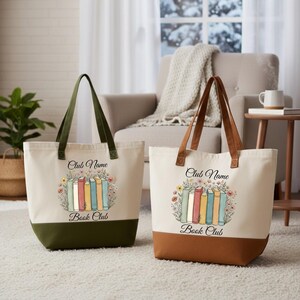Two tote bags with the text "Book Club" printed on them, sitting on a carpeted floor in a room with a window and a chair.