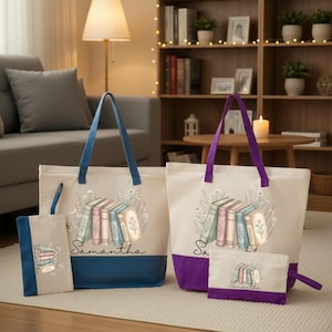 May include: Two canvas tote bags and two matching zippered pouches featuring a printed illustration of a row of books with floral accents and the name Samantha. One set has blue trim and handles, while the other set has purple trim and handles.