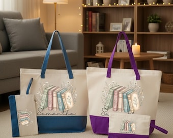 May include: Two canvas tote bags and two matching zippered pouches featuring a printed illustration of a row of books with floral accents and the name Samantha. One set has blue trim and handles, while the other set has purple trim and handles.