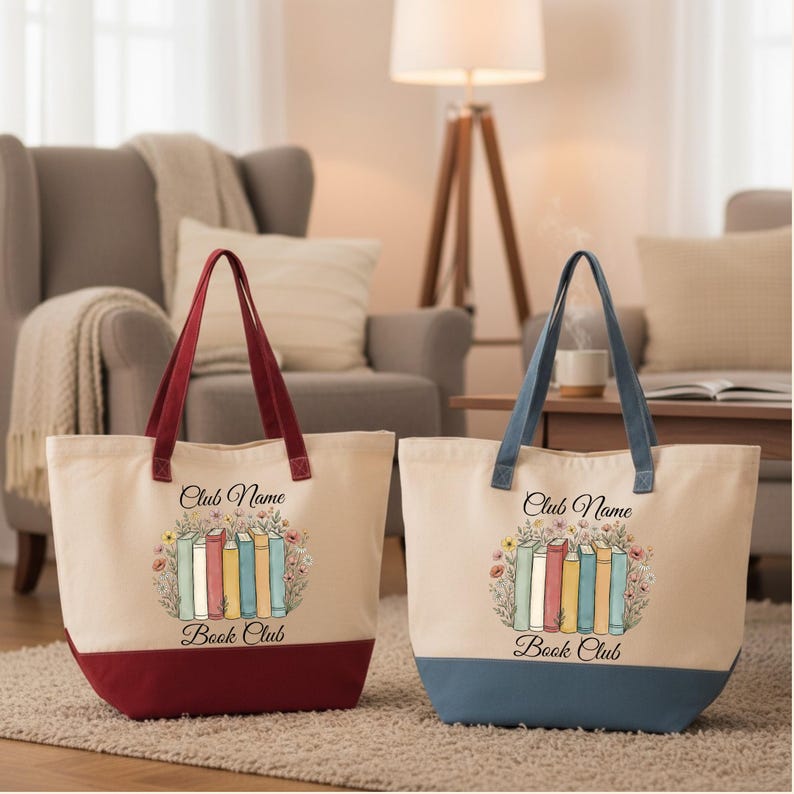 Two tote bags with the text "Book Club" printed on them, placed on a carpeted floor in a living room setting.