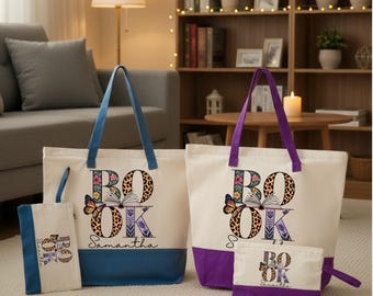 May include: Two canvas tote bags and two matching zippered pouches, one set with blue accents and one with purple accents. Each item features the word BOOK with floral, leopard print, and butterfly graphics, plus the name Samantha printed below.
