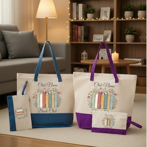 May include: Two canvas tote bags and two matching zippered pouches featuring a floral book illustration and the text Club Name Book Club. One set has blue accents and the other has purple accents, each displaying a row of colorful books.
