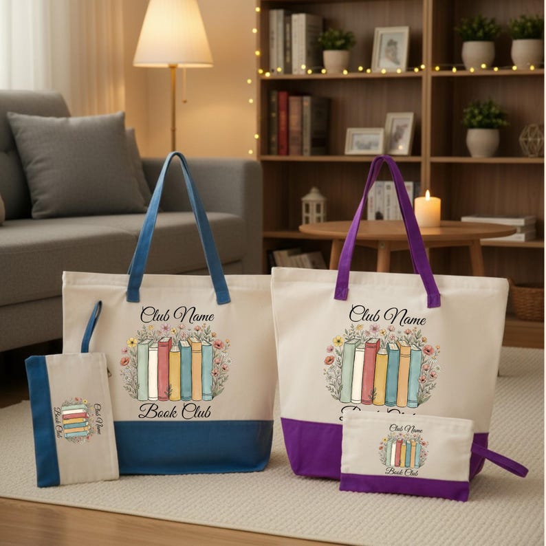 Two tote bags with the text "Club Name Book Club" printed on them, along with illustrations of books, are displayed on a carpeted floor in a living room setting.