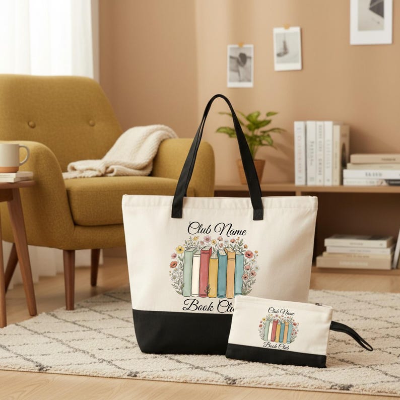A large tote bag with a printed design of books and flowers, and a smaller book bag with a similar design, placed on a rug in a living room setting.