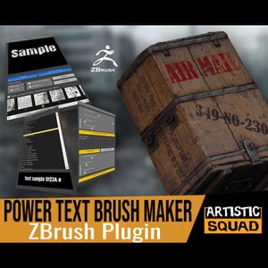 Pode incluir: Uma interface digital para o plugin ZBrush Power Text Brush Maker, apresentando painéis de menu com configurações de texto e uma renderização 3D de uma caixa de madeira rotulada AIR MAIL, 349-NO-230 e PO BOX 7995, com o logo Artistic Squad.