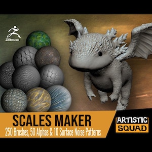 Peut inclure: Un pack d'actifs numériques intitulé SCALES MAKER par ARTISTIC SQUAD comprenant 250 brosses, 50 alphas et 10 motifs de bruit de surface. L'image montre un modèle de dragon 3D gris à côté d'une collection de sphères présentant divers motifs texturés.