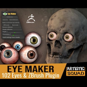 May include: A digital interface for the Eye Maker ZBrush plugin featuring a menu with buttons like Add New Eye and BPR mode. Several realistic human eyeballs with varied iris colors are displayed alongside a grey human skull with eyes inserted.