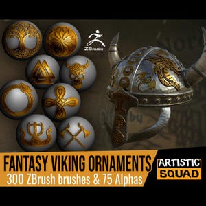 May include: A digital collection of 300 ZBrush brushes and 75 alphas titled FANTASY VIKING ORNAMENTS by ARTISTIC SQUAD. The image displays a silver horned helmet with gold dragon engravings and eight spheres featuring various gold embossed symbols.