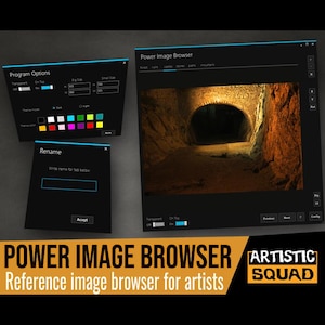 May include: A software interface titled Power Image Browser for artists, featuring a dark theme with windows for Program Options, Rename, and a main viewer displaying a stone tunnel. The layout includes color selection, size settings, and navigation buttons.