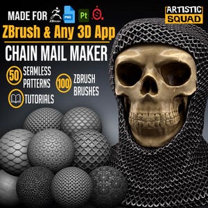 Peut inclure: Une publicité pour un outil de création de cotte de mailles montrant un crâne humain portant une capuche en mailles, entouré de sphères aux textures variées, avec le texte Made for ZBrush & Any 3D App et le logo Artistic Squad.