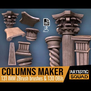 May include: A digital collection of 3D architectural column components including capitals, bases, and shafts in a stone-like texture. The image features the text "COLUMNS MAKER", "131 IMM ZBrush brushes & 130 OBJs", and "ARTISTIC SQUAD".