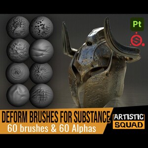 May include: A digital asset pack featuring a metallic horned helmet and eight circular texture samples. The text reads: DEFORM BRUSHES FOR SUBSTANCE 60 brushes & 60 Alphas, ARTISTIC SQUAD, and Pt. The design displays various surface deformations.