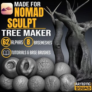 Pode incluir: Um pacote de ativos digitais intitulado MADE FOR NOMAD SCULPT TREE MAKER contendo 62 alfas, 8 malhas base, tutoriais e pincéis base. A imagem exibe esferas cinzentas com várias texturas de casca e dois modelos de árvores 3D detalhados.