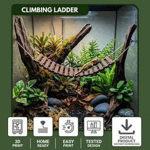 Op de afbeelding: Een terrariumopstelling met een klimladder, natuurlijk hout en weelderig groen. De ladder is gemaakt van bruine houten latten. De tekst "CLIMBING LADDER" staat bovenaan. Pictogrammen onderaan geven 3D-print, direct klaar, gemakkelijk printen, getest ontwerp en digitaal product aan.