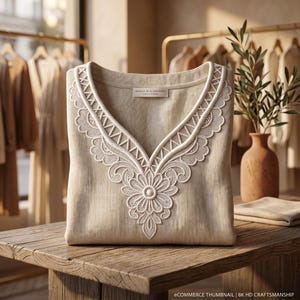 Puede incluir: Una camisa de lino beige con escote en V y un intrincado bordado blanco con un patrón floral y geométrico. La prenda incluye una etiqueta que dice Maison de la Broderie Linen & Thread en el cuello interior, mostrando costuras detalladas.