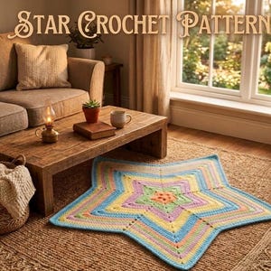 May include: A multi-coloured star-shaped crochet rug with a blue border, displayed on a jute rug in a living room. The rug features pastel shades and the text "STAR CROCHET PATTERN" is visible. The room includes a sofa, coffee table, and window.