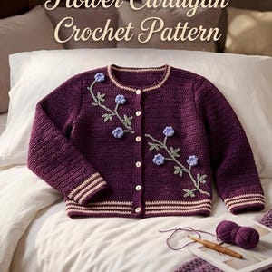 以下が含まれることがあります： 青い花と緑の葉が特徴の、花柄デザインの紫色の手編みカーディガン。「Flower Cardigan Crochet Pattern」の文字が上部にあります。カーディガンには白いボタンとストライプのトリムが付いています。