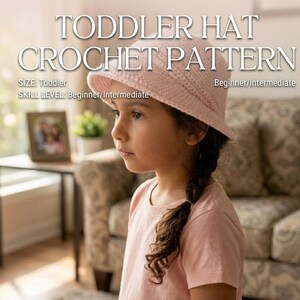 Könnte beinhalten: Ein junges Mädchen trägt einen hellrosa Häkelhut. Der Bildtext lautet "TODDLER HAT CROCHET PATTERN" mit Größen- und Fähigkeitsdetails. Der Hut hat eine Krempe und ist aus strukturiertem Garn gefertigt. Das Mädchen trägt ein passendes rosa T-Shirt.