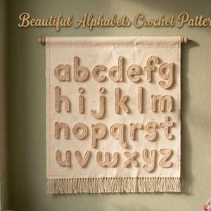 May include: A beige crochet alphabet pattern displayed on a cream-colored fabric with a fringe. The letters a through z are crocheted in a serif font. The text "Beautiful Alphabets Crochet Pattern" is above the letters.