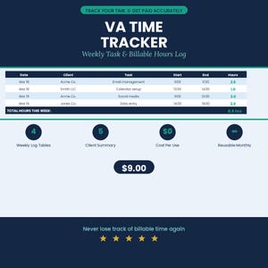 May include: A digital VA Time Tracker with a dark blue background and white text. The tracker displays a weekly task and billable hours log, with sections for date, client, task, start and end times, and hours. The image also includes a client summary and weekly log tables.