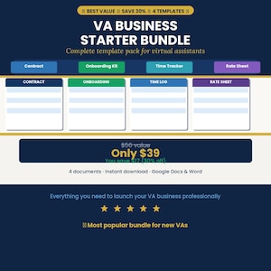 May include: A digital product bundle for virtual assistants, featuring templates for contracts, onboarding, time tracking, and rate sheets. The design is a dark blue background with white and colored text, including the text "VA BUSINESS STARTER BUNDLE".