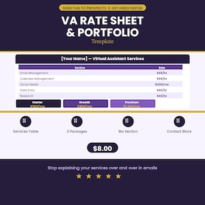 May include: A template for a VA Rate Sheet & Portfolio. The design features a table with service rates, package options, and a bio section. The text includes "Email Management", "Social Media", and "Data Entry". The price is $8.00.