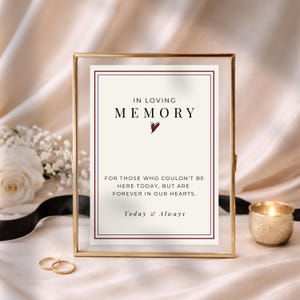 May include: A framed sign with the words "IN LOVING MEMORY" and a heart symbol. The sign also includes the text "FOR THOSE WHO COULDN'T BE HERE TODAY, BUT ARE FOREVER IN OUR HEARTS. Today & Always." The frame is gold.