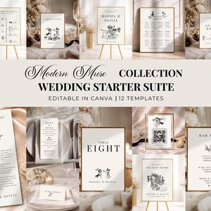 May include: A selection of wedding stationery templates with a contemporary, minimalist aesthetic. The templates include signs, menus, and thank you cards, all featuring elegant typography and illustrations. The text "Modern Muse COLLECTION WEDDING STARTER SUITE" is visible.