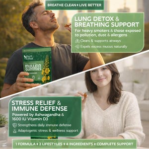 May include: Image of a box of Mullein Gummies with the text "Herb & Heal" and "Mullein Gummies". The image also includes the text "Breathe Clean Live Better", "Lung Detox & Breathing Support", and "Stress Relief & Immune Defense".