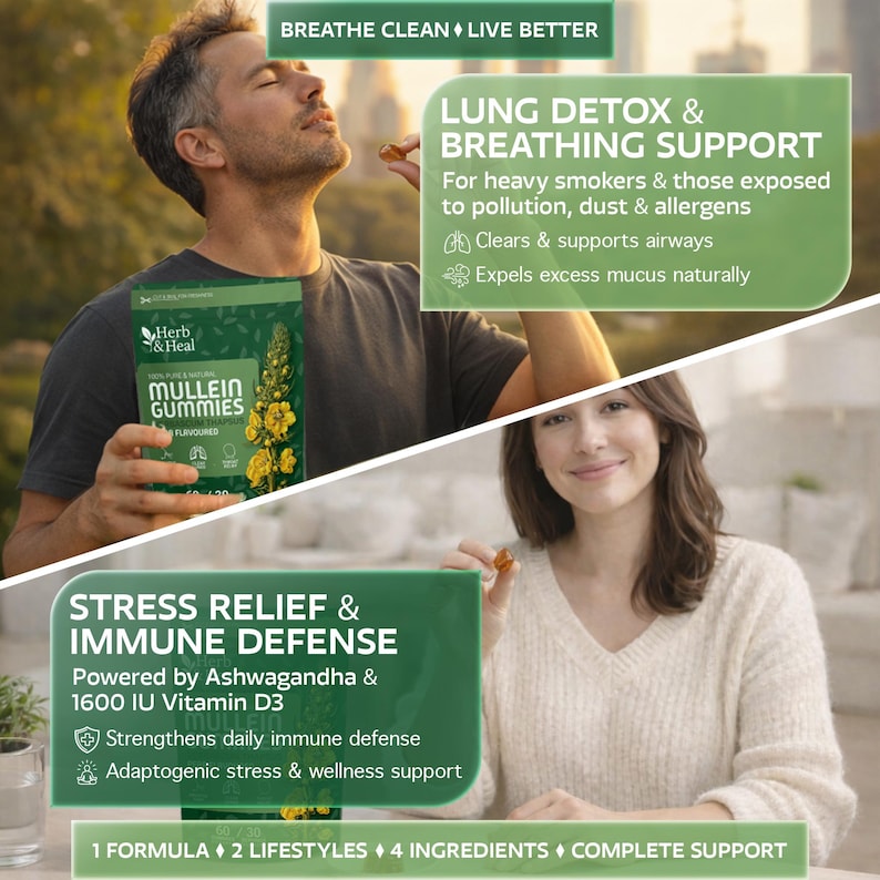 May include: Image of a box of Mullein Gummies with the text "Herb & Heal" and "Mullein Gummies". The image also includes the text "Breathe Clean Live Better", "Lung Detox & Breathing Support", and "Stress Relief & Immune Defense".