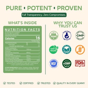 May include: A product information graphic with the words "PURE POTENT PROVEN" at the top. The graphic includes a nutrition facts label, ingredient list, and various certifications such as USDA Organic and FDA Registered Facility.