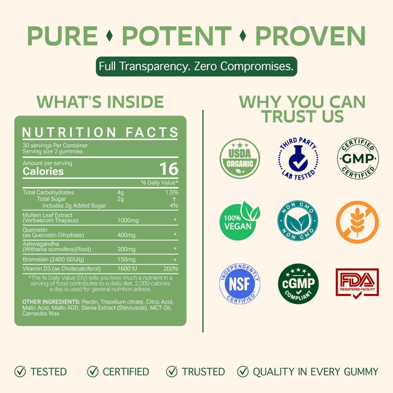 May include: A product information graphic with the words "PURE POTENT PROVEN" at the top. The graphic includes a nutrition facts label, ingredient list, and various certifications such as USDA Organic and FDA Registered Facility.