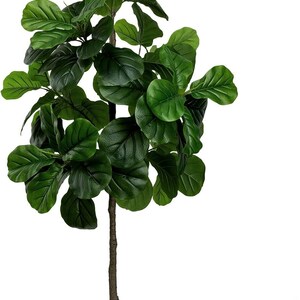 May include: A tall artificial fiddle leaf fig tree with large, dark green leaves. The tree is in a white pot. A woven basket with two handles is next to the tree. The background is white.